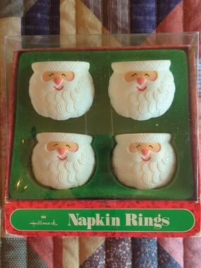 Hallmark White Santa Face Napkin Rings with Pink Cheeks and Red Noses - Set of 4